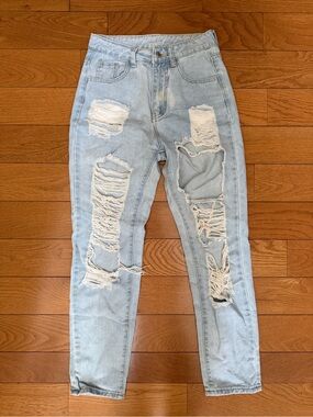 Light Blue High-Rise Ripped Mom Jeans